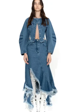 MID BLUE ROUND SLEEVE CROPPED JACKET