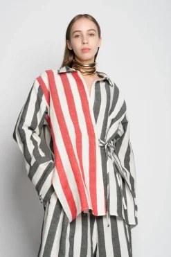 MIXED STRIPES LINEN WRAP SHIRT