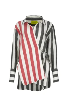 MIXED STRIPES LINEN WRAP SHIRT