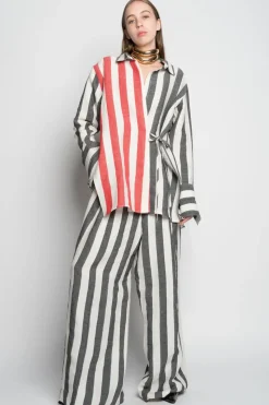 MIXED STRIPES LINEN WRAP SHIRT