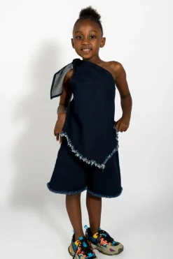 NAVY DENIM ONE SHOULDER KNOT TOP