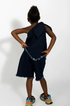 NAVY DENIM ONE SHOULDER KNOT TOP