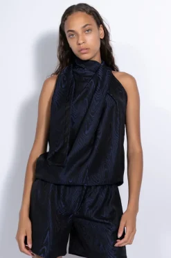 NAVY DRAPED BLOUSE