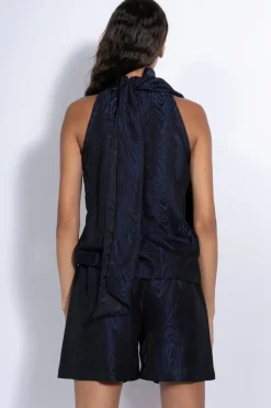 NAVY DRAPED BLOUSE