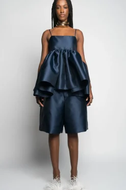 NAVY STRAPPY PUFF TOP