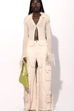 OFF-WHITE VISCOSE KNITTED TOP WITH FEATHERS