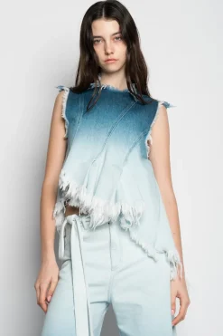 OMBRE DENIM BLUE SLEEVELESS TOP WITH ASYMMETRIC HEM