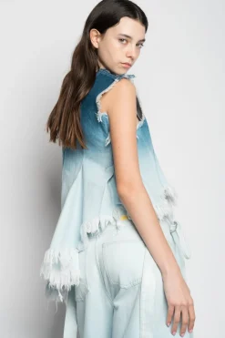 OMBRE DENIM BLUE SLEEVELESS TOP WITH ASYMMETRIC HEM