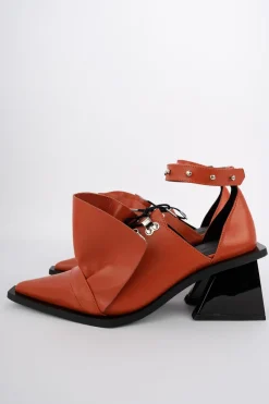 ORANGE POINTY FRILL LACE UP PUMPS