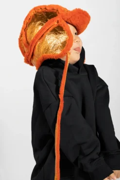 ORANGE SHINY LEATHER EAR COVER HAT