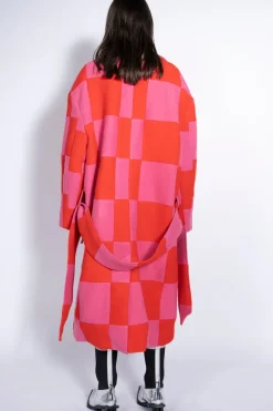 PINK AND RED CHECKED LONG COAT