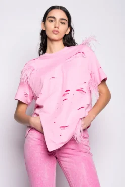 PINK DISTRESSED T-SHIRT WITH FEATHERS