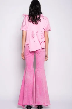 PINK DISTRESSED T-SHIRT WITH FEATHERS