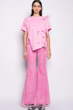 PINK DISTRESSED T-SHIRT WITH FEATHERS