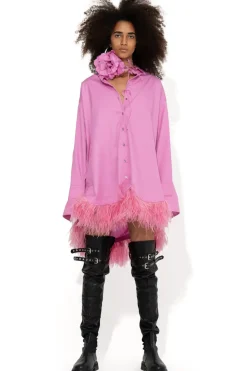 PINK FEATHER HEM SHIRT DRESS