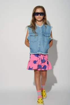 PINK HANDS PRINT SKIRT WITH OVERLAP LAYER