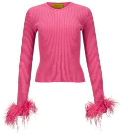 PINK MERINO WOOL FITTED TOP WITH FEATHERS