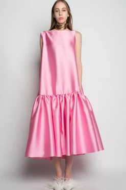 PINK MIDI SLEEVELESS PUFF HEM DRESS