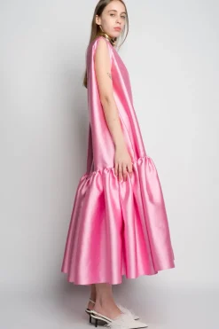 PINK MIDI SLEEVELESS PUFF HEM DRESS