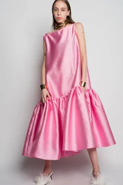 PINK MIDI SLEEVELESS PUFF HEM DRESS