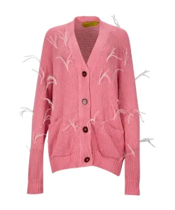 PINK OVERSIZED CARDIGAN WITH FEATHERS PULLS