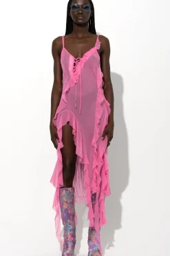 PINK SILK STRAP DRESS WITH FRONT LACE UP