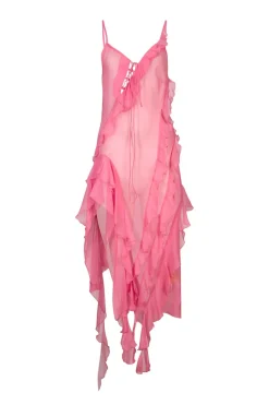 PINK SILK STRAP DRESS WITH FRONT LACE UP