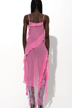 PINK SILK STRAP DRESS WITH FRONT LACE UP
