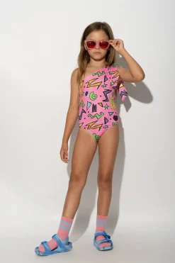 PINK SQUIGGLE PRINT ONE-SHOULDER SWIMSUIT