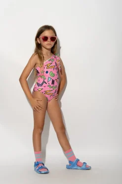 PINK SQUIGGLE PRINT ONE-SHOULDER SWIMSUIT