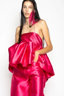 PINK STRAPLESS PEPLUM TOP
