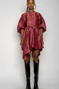 PINK ZEBRA BROCADE BALLOON SLEEVE DRESS