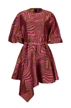 PINK ZEBRA BROCADE BALLOON SLEEVE DRESS