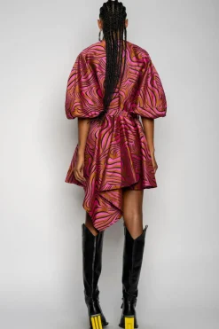 PINK ZEBRA BROCADE BALLOON SLEEVE DRESS
