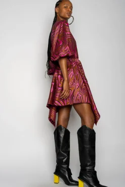 PINK ZEBRA BROCADE BALLOON SLEEVE DRESS