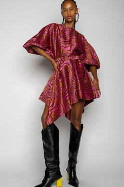 PINK ZEBRA BROCADE BALLOON SLEEVE DRESS