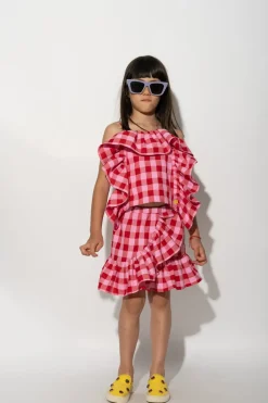 RED AND PINK GINGHAM FRILL TOP