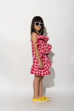 RED AND PINK GINGHAM FRILL TOP