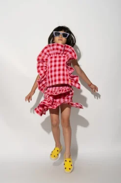 RED AND PINK GINGHAM FRILL TOP
