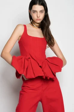RED CORSET WITH PLEATED HIP PANELS