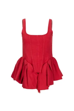 RED CORSET WITH PLEATED HIP PANELS