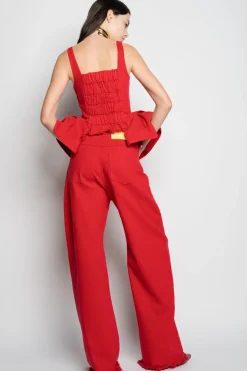 RED CORSET WITH PLEATED HIP PANELS