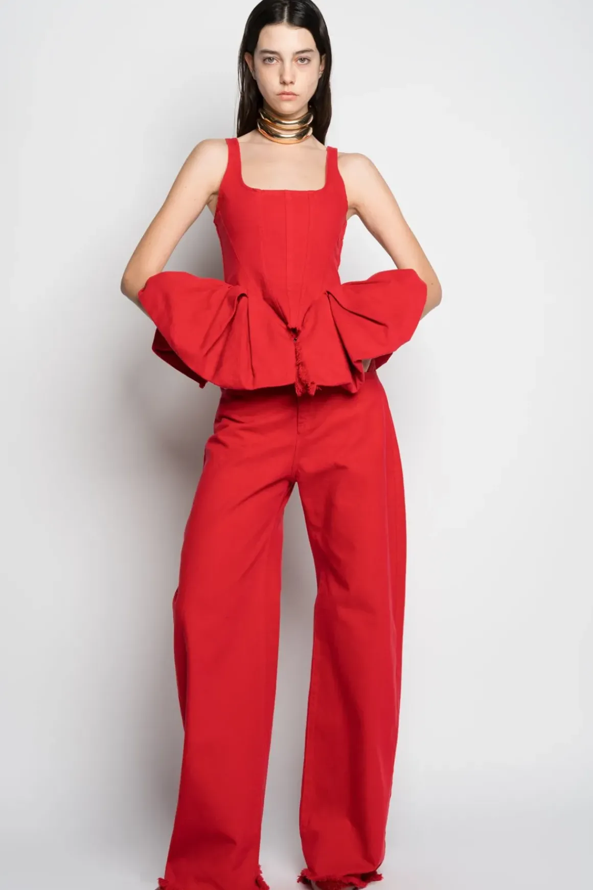 RED CORSET WITH PLEATED HIP PANELS
