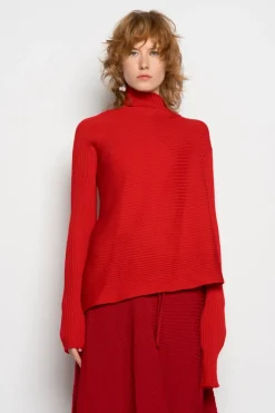 RED DRAPED JUMPER IN MERINO KNIT