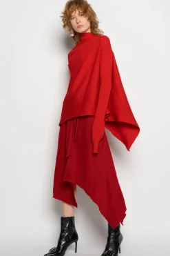 RED DRAPED JUMPER IN MERINO KNIT