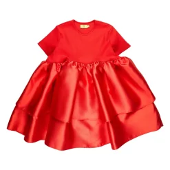 RED DRESS WITH RIB TOP AND MIKADO DOUBLE LAYERED BOTTOM