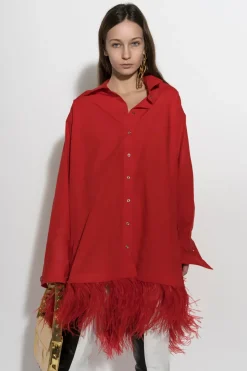 RED FEATHER HEM SHIRT DRESS