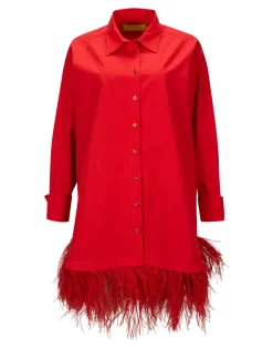 RED FEATHER HEM SHIRT DRESS