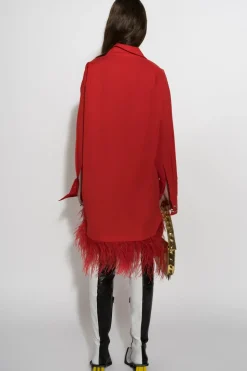 RED FEATHER HEM SHIRT DRESS
