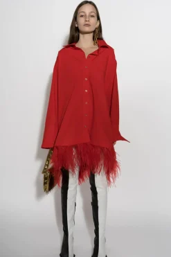 RED FEATHER HEM SHIRT DRESS